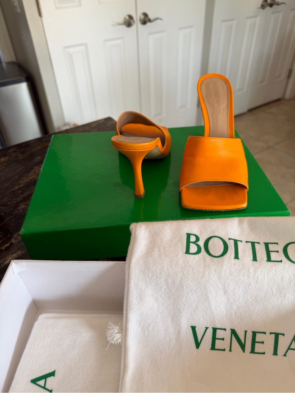 Bottega Veneta Bright Orange Leather Slide Mules - Picture 3 of 6